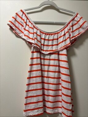 Old Navy White and Orange Striped Off-the-Shoulder Tunic Dress